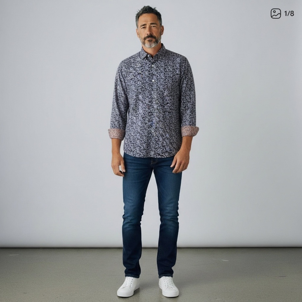 Paul Smith Men’s Button Down Flip Cuff Shirt Ditsy Floral Print Blue Medium